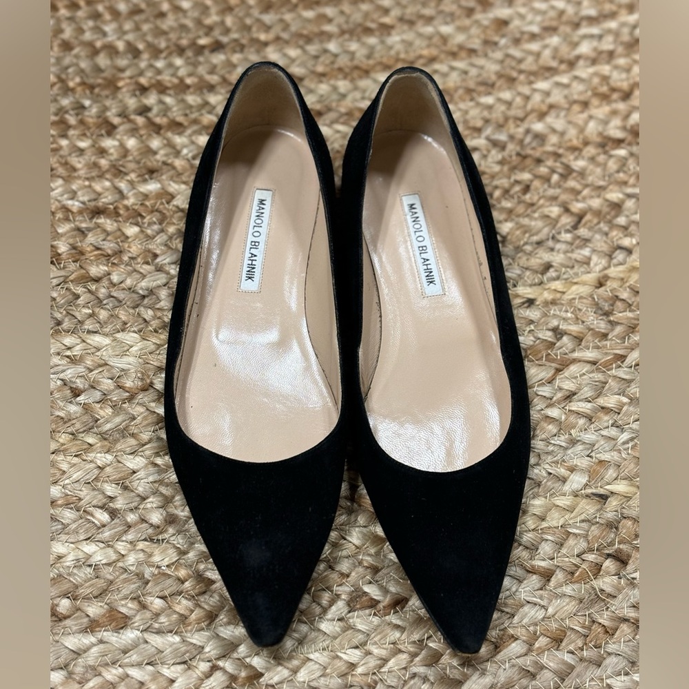 Manolo Blahnik black suede pointy ballerina flats